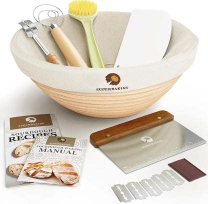 Superbaking Banneton Bread Proofing Basket, Sourdough Bread Baking Supplies, Round 9 Inch Sourdough Starter Kit, Proofing Basket for Baking, Bread Making Supplies Tools, Banneton Basket Gift Set
