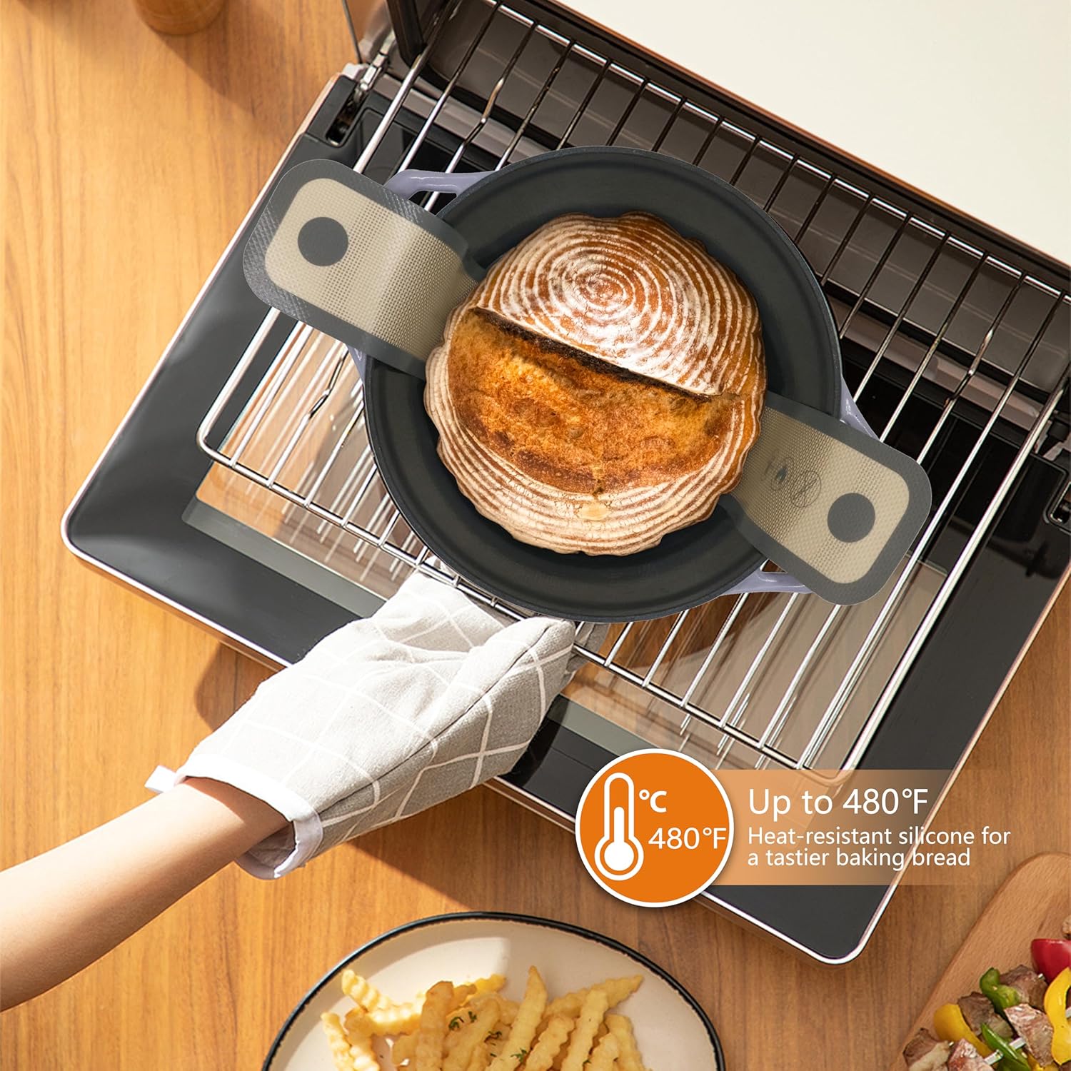 Silicone Bread Sling for Dutch Oven, 2 Pcs Non-Stick & no objectional odor Bread Baking Mat Set, antislip Reusable Bread Sling with Long Handle to Transfer Sourdough, large, Gray