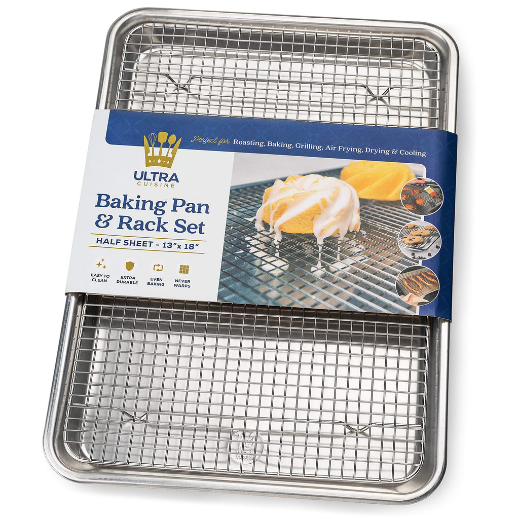 Ultra Cuisine Quarter Sheet Pan with Wire Rack Set - Includes Premium Aluminum Baking Sheet with 100% Stainless Steel Baking Rack, Dishwasher Safe Cookie Cooling Racks with 1/4 Pan Commercial Quality
