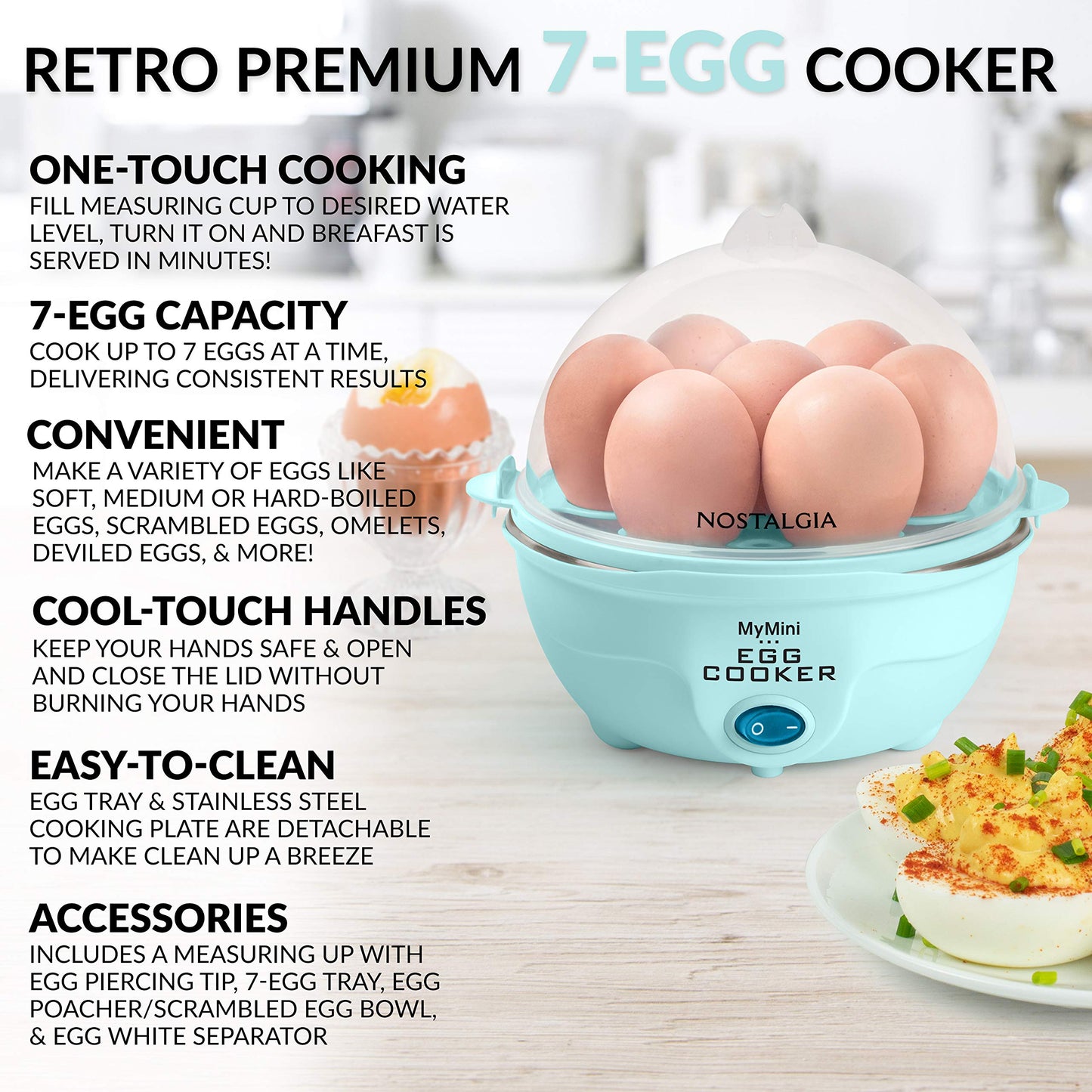 Nostalgia Retro Electric Large Hard-Boiled Egg Cooker, 7 Capacity, Poached, Scrambled, Omelets, Whites, Sandwiches, for Keto & Low-Carb Diets, Aqua