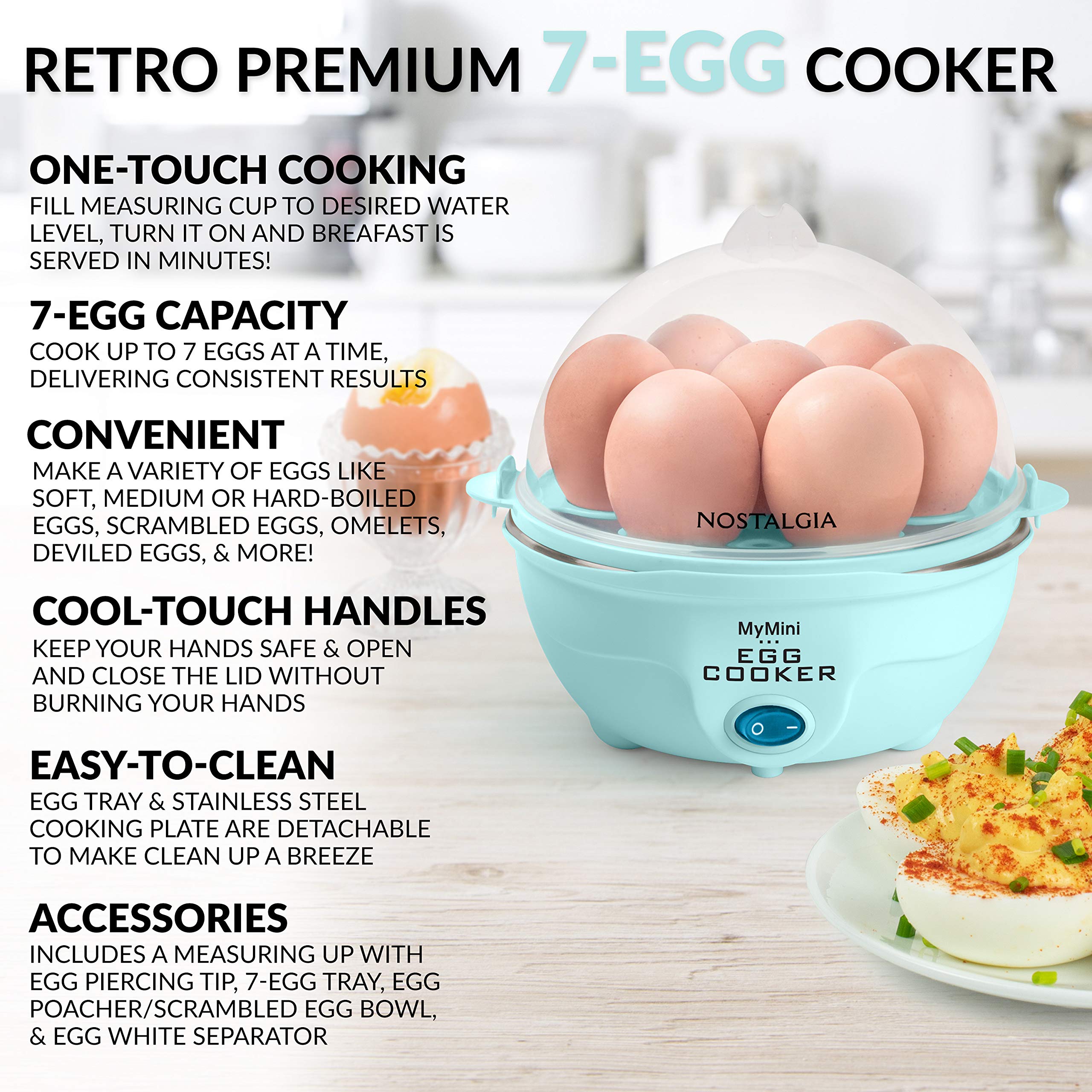 Nostalgia Retro Electric Large Hard-Boiled Egg Cooker, 7 Capacity, Poached, Scrambled, Omelets, Whites, Sandwiches, for Keto & Low-Carb Diets, Aqua