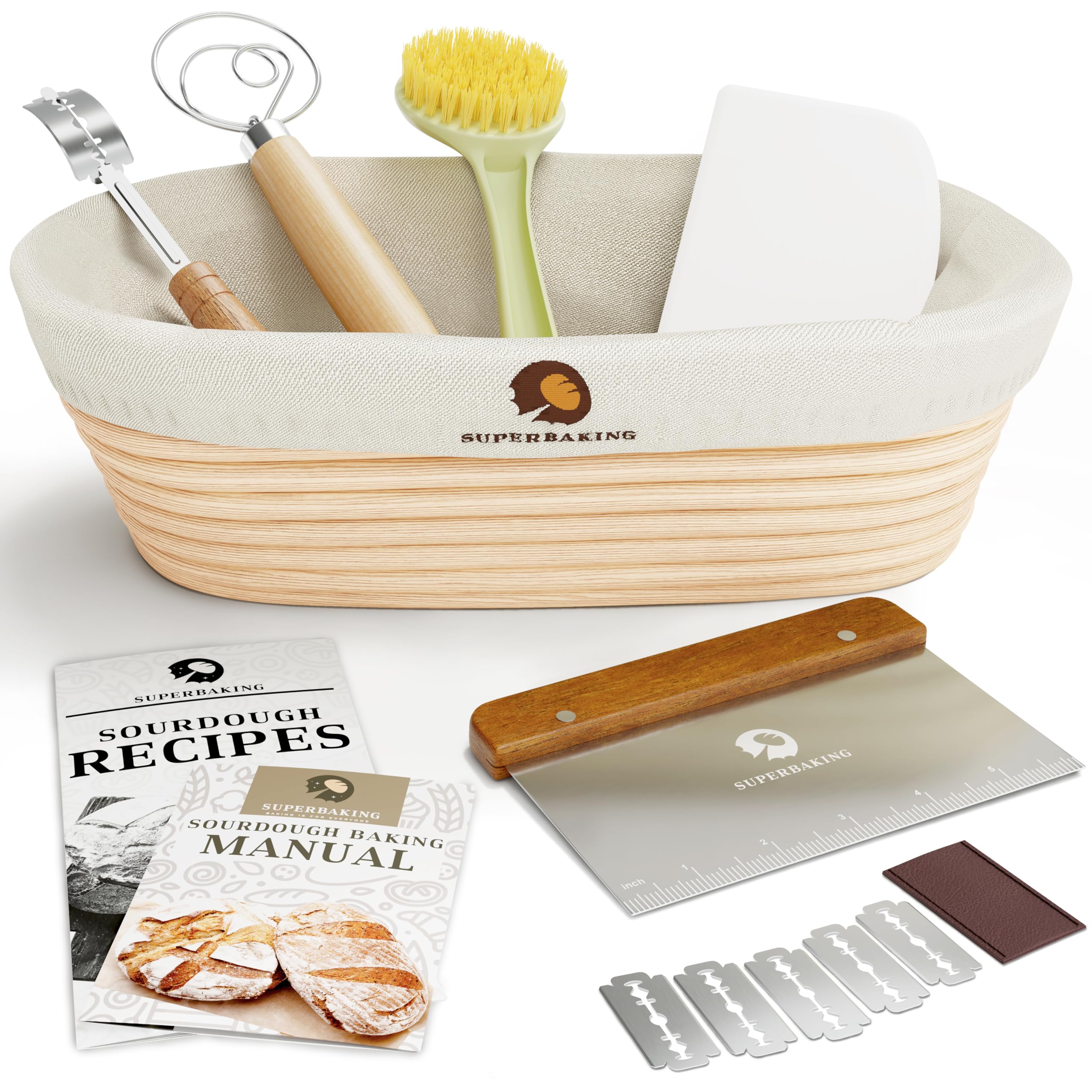 Superbaking Banneton Bread Proofing Basket, Sourdough Bread Baking Supplies, Round 9 Inch Sourdough Starter Kit, Proofing Basket for Baking, Bread Making Supplies Tools, Banneton Basket Gift Set