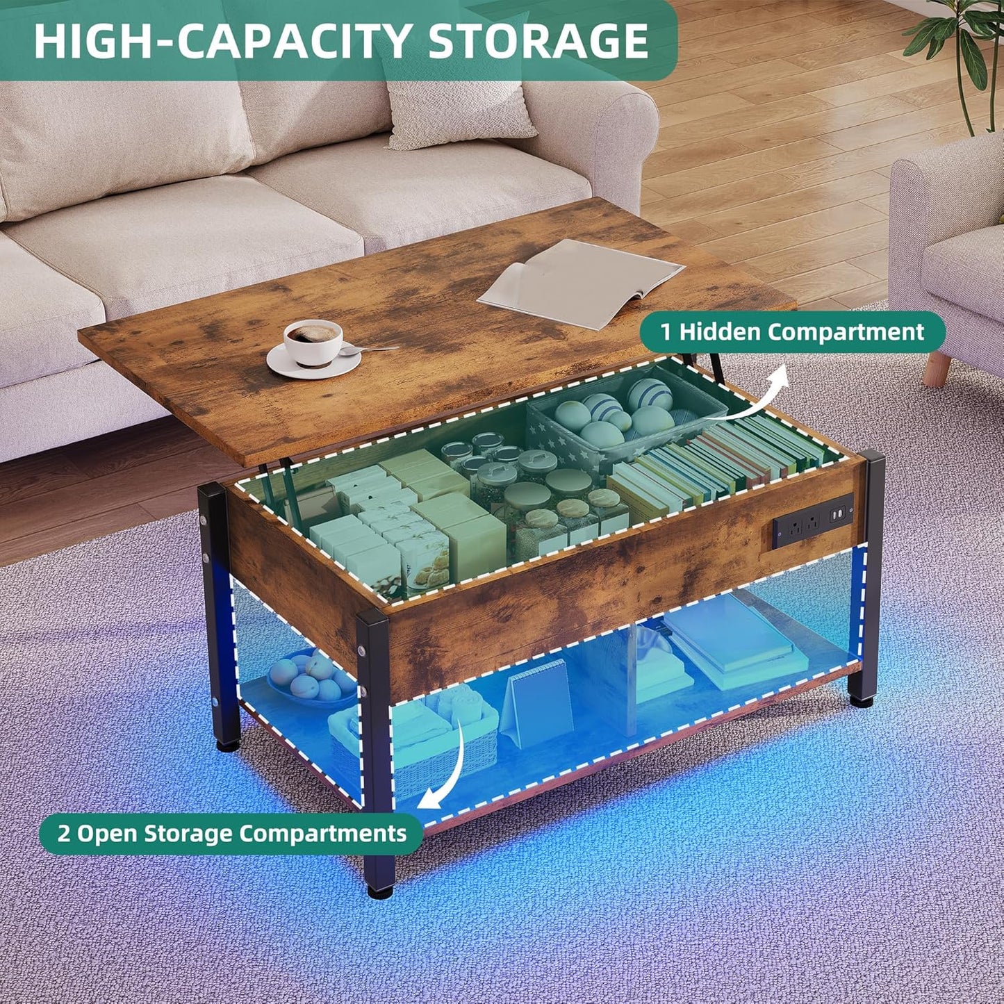 YITAHOME Lift Top Coffee Table with RGB Light, 3-in-1 Coffee Table with Power Outlets, Hidden & Open Storage, Adjustable Height, Wooden Dining Table for Living Room, Home Office, Brown
