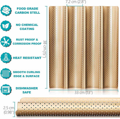 Anaeat 2 Pack Nonstick Perforated French Bread Baking Pan, 15"X 13" Premium Toast Mold for 4 Loaves Baguettes, French & Italian Bread Trays for Baking Loaf Bread, Ventilation & Heat Resistant (Gloden)