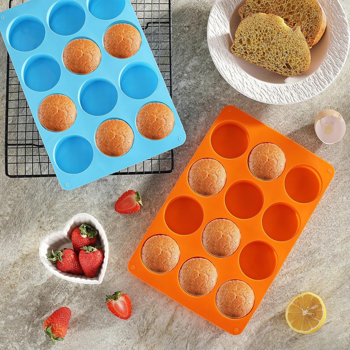 2PCS Silicone Oreo Molds, LCCOWOT 12 Cavity Cookie Chocolate Round Silicone Mold, Baking Mold for Chocolate, Oreo, Cookie, Cany, Mini Cake, Dishwasher Safe (Orange+Blue)