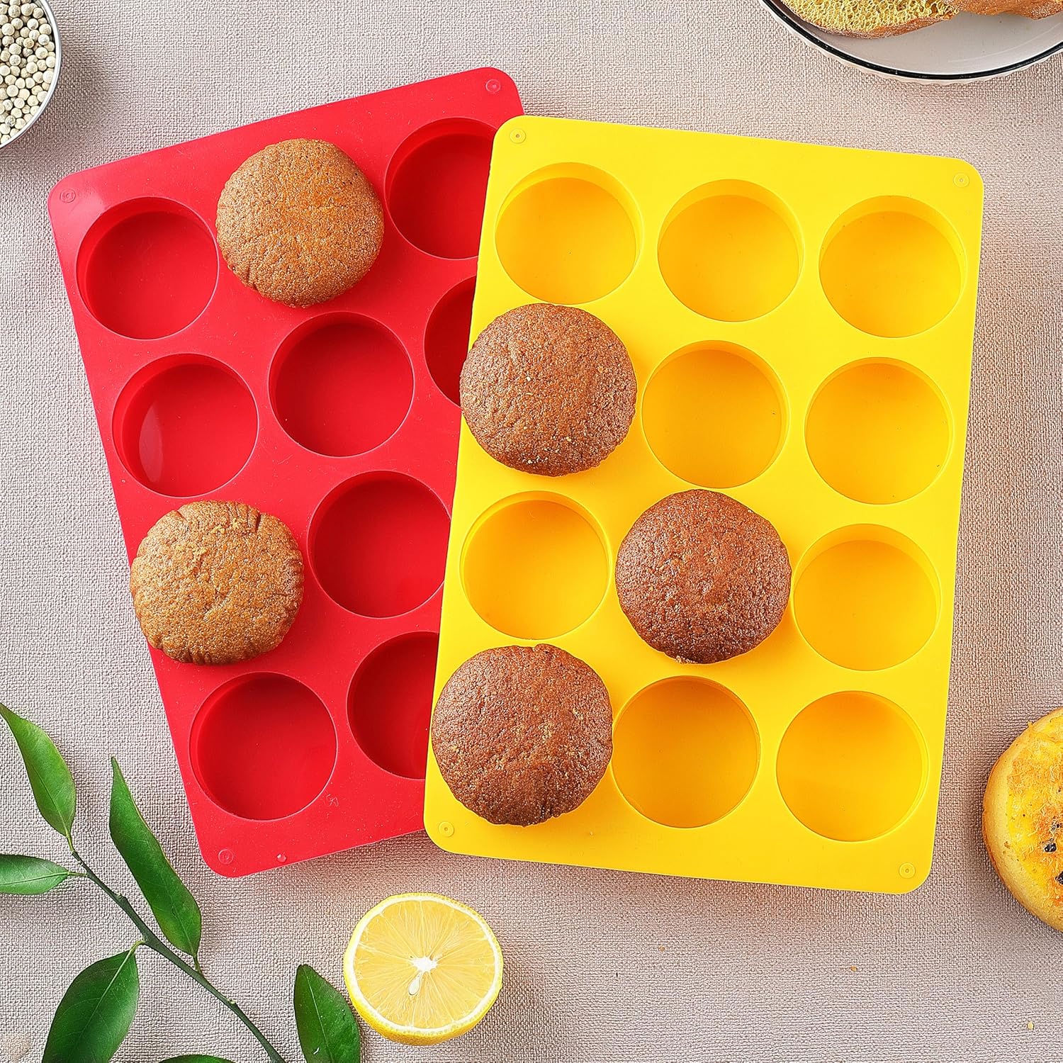 2PCS Silicone Cookie Chocolate Molds, Vituer 12-Cavity Round Silicone Baking Mold for Oreo, Candy, Chocolate, Cookie, Mini Cake and Jelly, Dishwasher Safe (Red+ Orange)