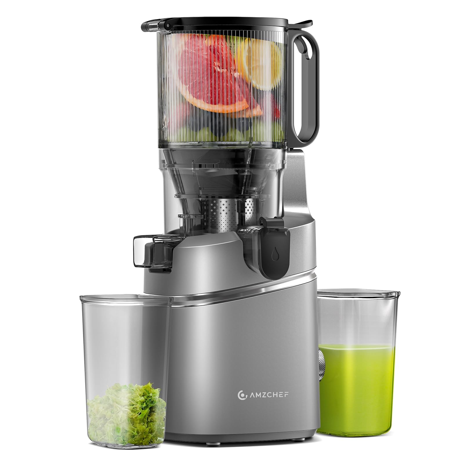 AMZCHEF masticating juicer in gray color with a cold press mechanism, displaying whole fruits at the top and a glass of juice at the front, alongside a smaller container for pulp or waste.