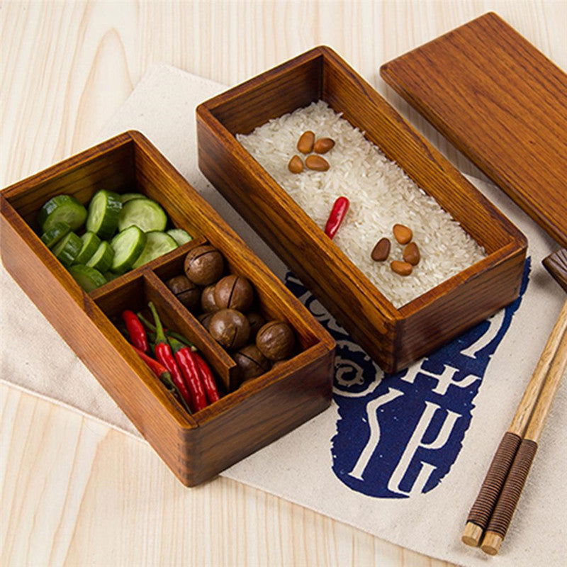 Bento Box Solid Wood Sushi Box Rectangular Double Layer Tableware - Walfos® Kitchenware