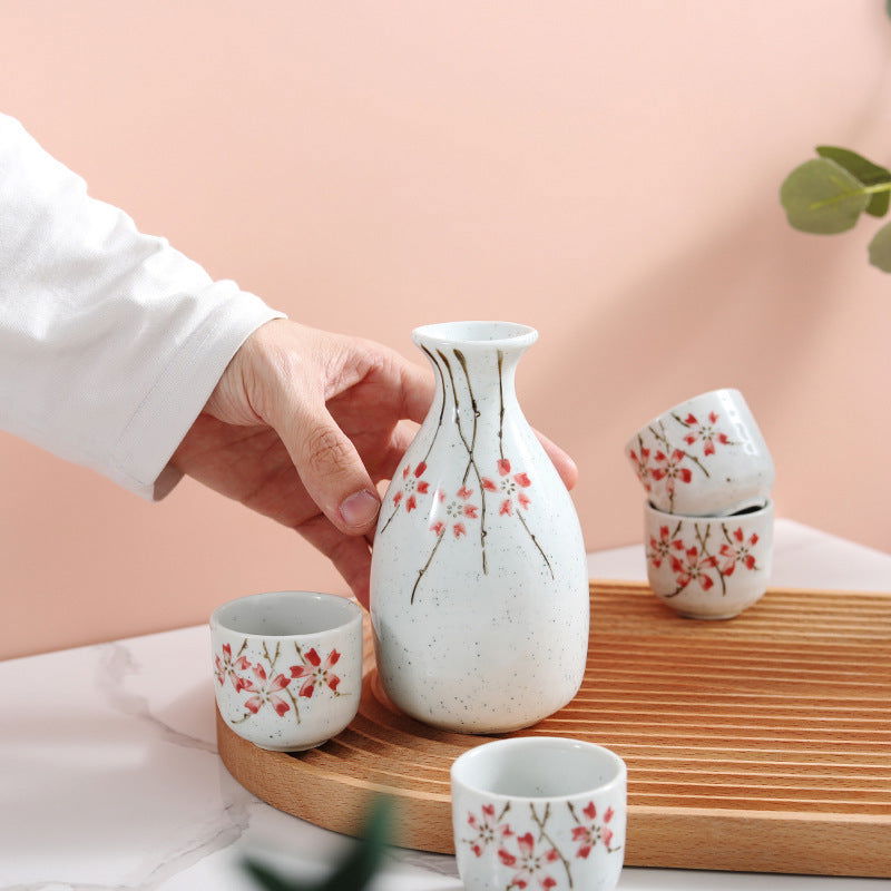 Ceramic Wine Set Yanagizakura Sake White Wine Cup Small Wine Cup Spirit Glass Shochu Pot Set - Walfos® Kitchenware