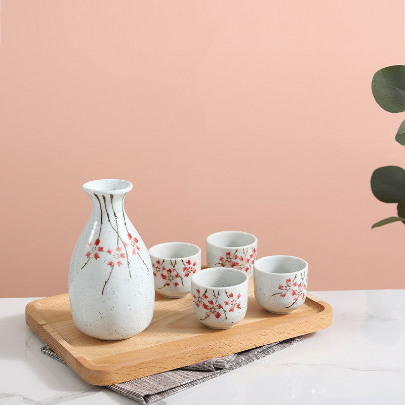 Ceramic Wine Set Yanagizakura Sake White Wine Cup Small Wine Cup Spirit Glass Shochu Pot Set - Walfos® Kitchenware