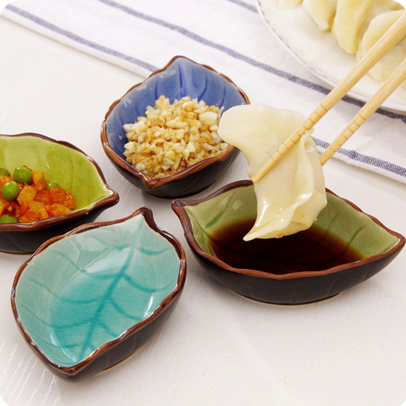 Creative leaf ceramic small dish kitchen tableware sauce vinegar sauce dish household ice split glaze snack saucer - Walfos® Kitchenware