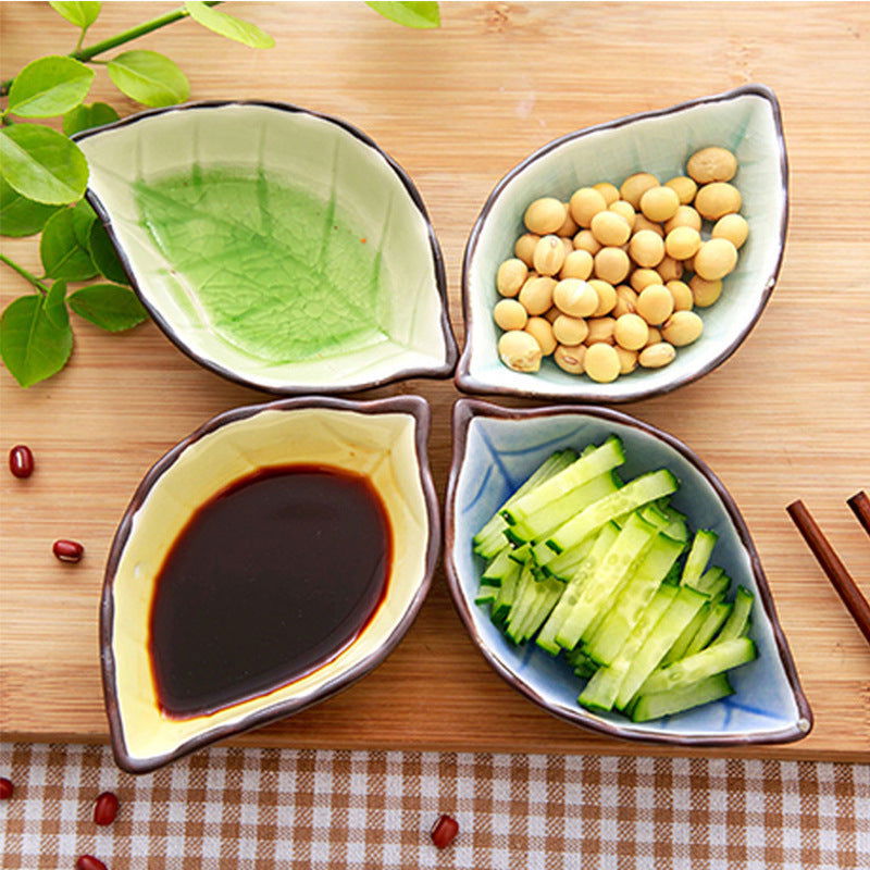 Creative leaf ceramic small dish kitchen tableware sauce vinegar sauce dish household ice split glaze snack saucer - Walfos® Kitchenware