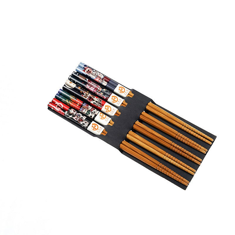 Factory Supply Japanese Style Lucky Cat Cartoon Cute Bamboo Chopsticks Five Pairs Set Gift Box Chopsticks - Walfos® Kitchenware