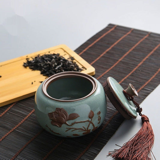 Ge Kiln Tea Jar Ceramic Sealed Can Large Stoneware Storage Tank Celadon Household Tea Caddy - Walfos® Kitchenware