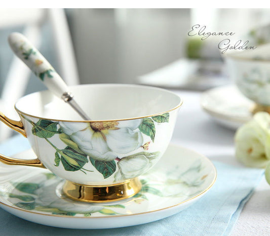 High-grade Bone China Coffee Cup And Saucer Set Flower Tea Afternoon Tea Ceramic Cup Household With Spoon - Walfos® Kitchenware