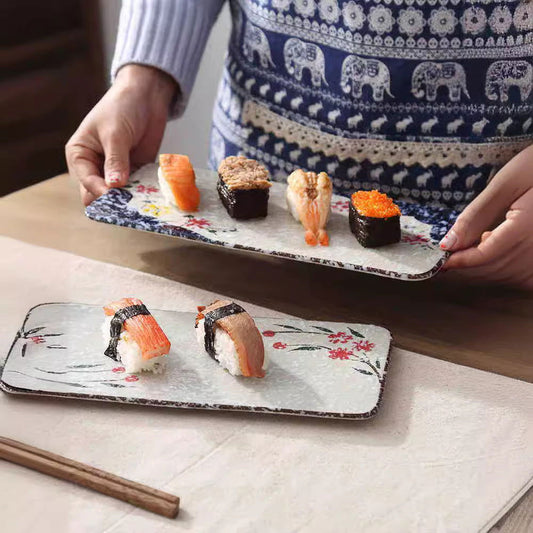 Japanese-Korean Hand-painted Ceramic Flat Plate Rectangular Plate - Walfos® Kitchenware