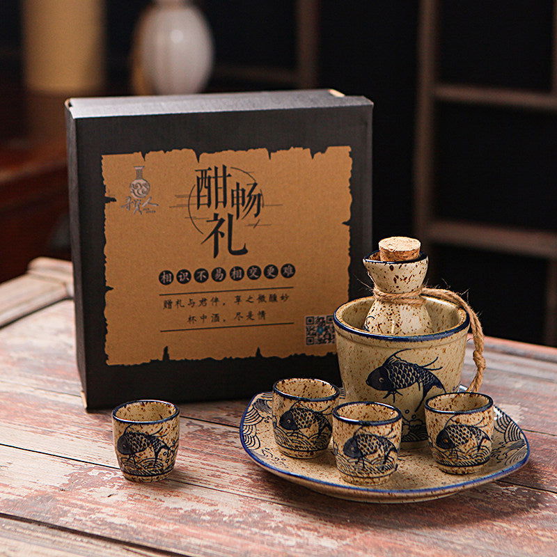 Japanese Retro Sake Wine Warmer Gift Box Set Hot Wine Shochu Pot Ceramic Wine Cup White Wine Household Wine Glass - Walfos® Kitchenware