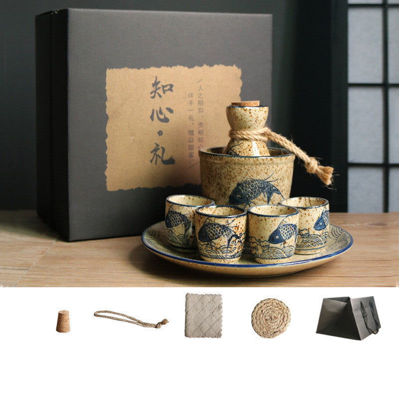 Japanese Retro Sake Wine Warmer Gift Box Set Hot Wine Shochu Pot Ceramic Wine Cup White Wine Household Wine Glass - Walfos® Kitchenware