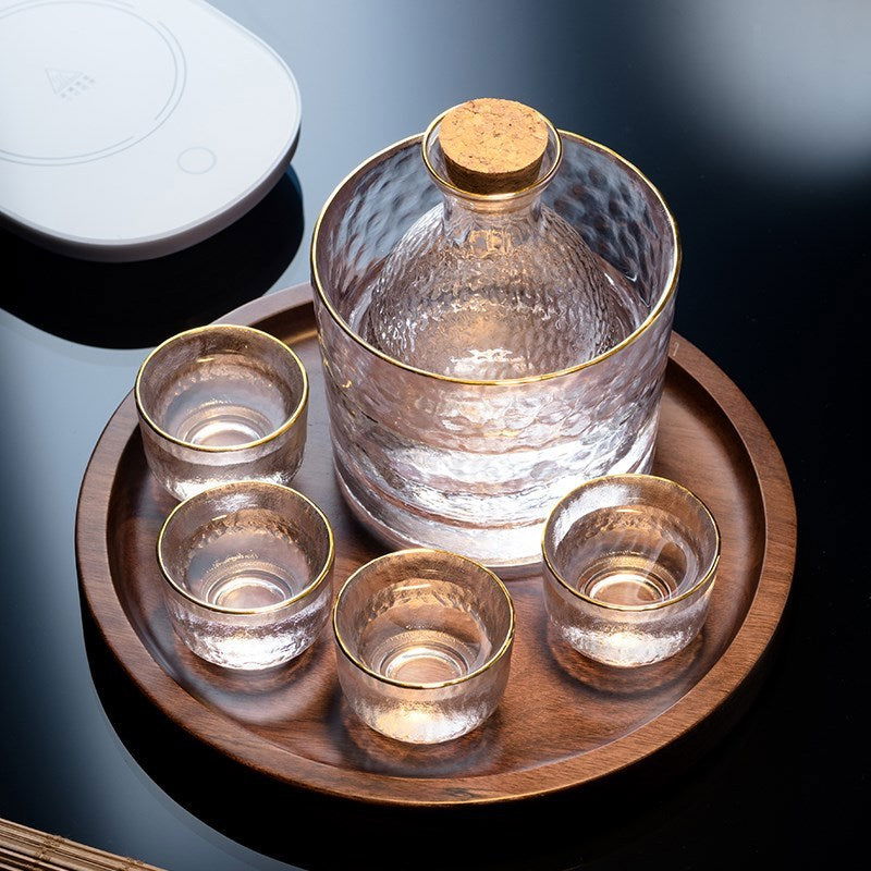 Japanese Sake Pot Set Golden Edge Glass Sake Bottle Set Rice Wine Vodka Wine Cup Flasks Liquor Glasses - Walfos® Kitchenware