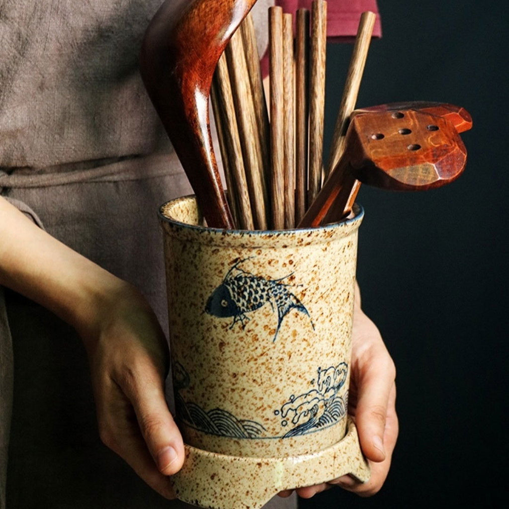 Japanese Style Hand Drawn Ceramic Chopsticks Holder Commercial Household Draining Chopsticks Shelf Boxes Cutlery Tray Kitchen Storage - Walfos® Kitchenware