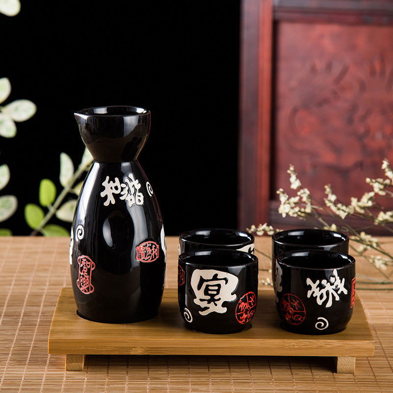 Japanese Style Sake Bottle Hand-painted One Pot Of Four Cup Set - Walfos® Kitchenware