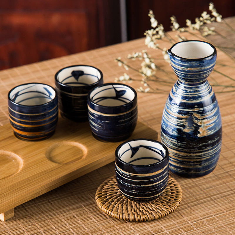Japanese Style Sake Bottle Hand-painted One Pot Of Four Cup Set - Walfos® Kitchenware