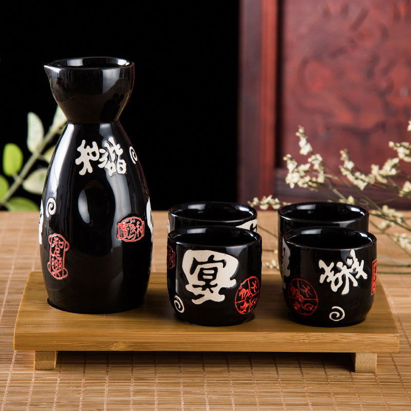 Japanese Style Sake Bottle Hand-painted One Pot Of Four Cup Set - Walfos® Kitchenware