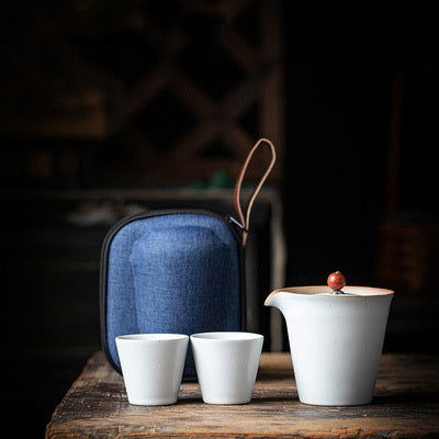 PINNY Japanese Coarse Pottery Travel Tea Set Ceramic Glaze Kung Fu Tea Set 1 Pot 2 Cups With Bag Portable Tea Service - Walfos® Kitchenware