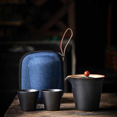PINNY Japanese Coarse Pottery Travel Tea Set Ceramic Glaze Kung Fu Tea Set 1 Pot 2 Cups With Bag Portable Tea Service - Walfos® Kitchenware