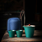 PINNY Japanese Coarse Pottery Travel Tea Set Ceramic Glaze Kung Fu Tea Set 1 Pot 2 Cups With Bag Portable Tea Service - Walfos® Kitchenware