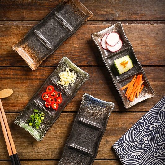 Rectangular Sauce Ceramic Three-grid Seasoning Dish - Walfos® Kitchenware