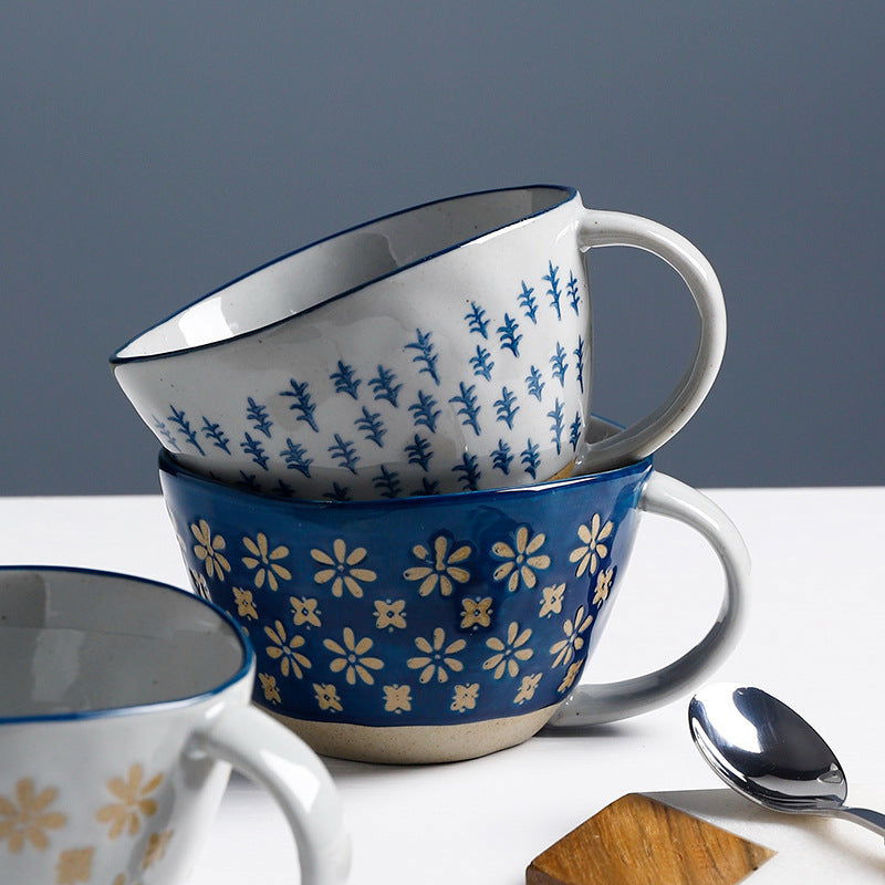 Retro Coffee Cup Ceramic Cup Japanese Garden Tea Cup Water Cup Embossed Stoneware Mug Couple Cup - Walfos® Kitchenware