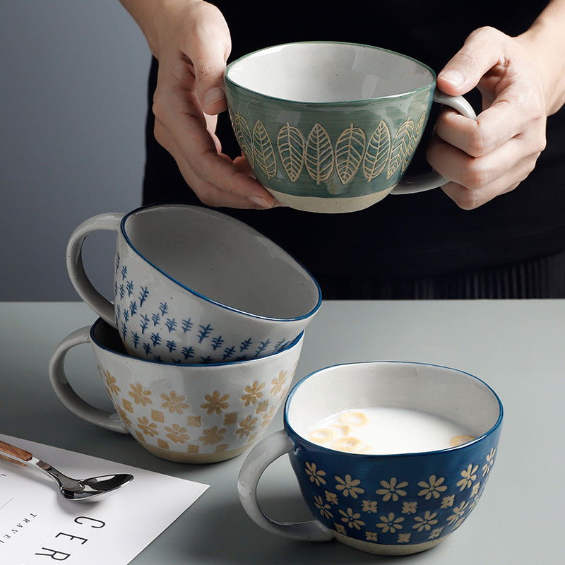 Retro Coffee Cup Ceramic Cup Japanese Garden Tea Cup Water Cup Embossed Stoneware Mug Couple Cup - Walfos® Kitchenware