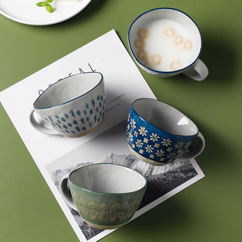Retro Coffee Cup Ceramic Cup Japanese Garden Tea Cup Water Cup Embossed Stoneware Mug Couple Cup - Walfos® Kitchenware