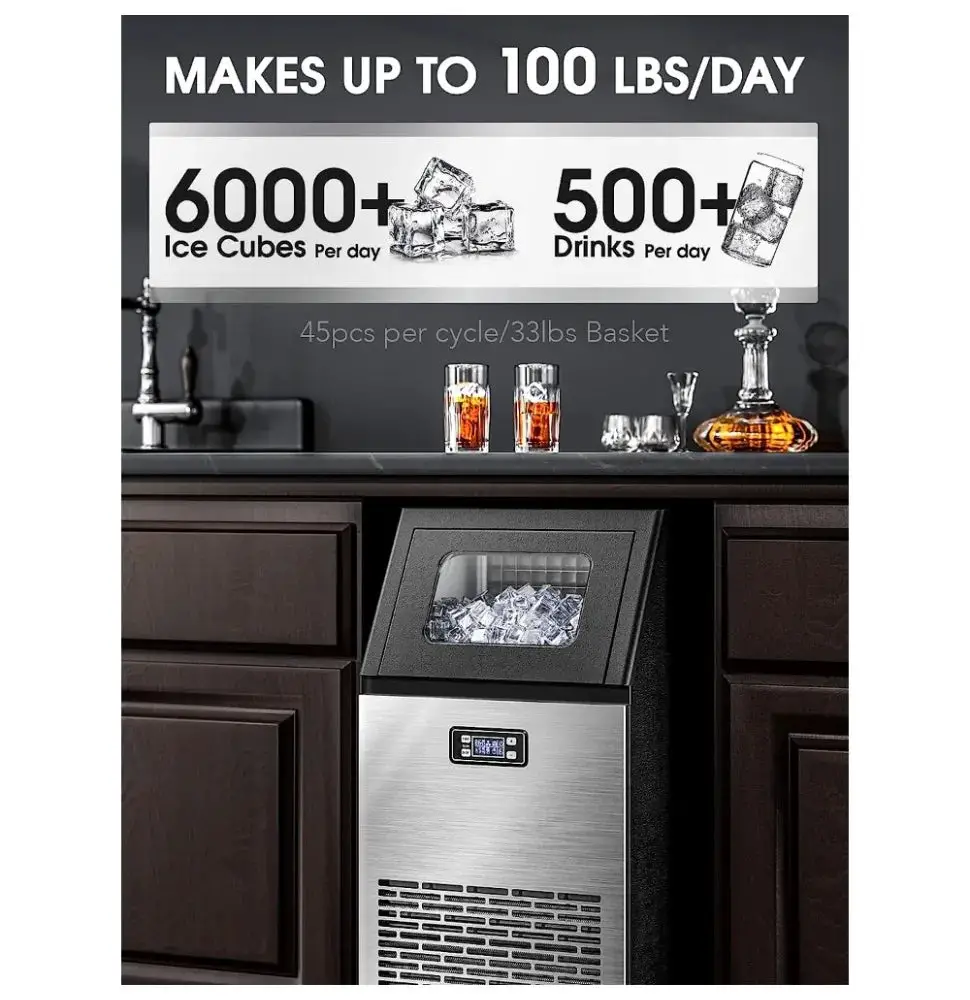 Commercial Ice Maker,100 lbs, 2-Way Add Water, Self-Cleaning, with 24 Hour Timer,33 lbs Basket, Stainless Steel Ice Makers