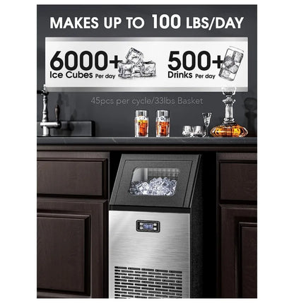 Commercial Ice Maker,100 lbs, 2-Way Add Water, Self-Cleaning, with 24 Hour Timer,33 lbs Basket, Stainless Steel Ice Makers