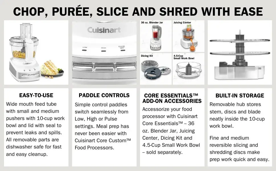 Custom 10-Cup Multifunctional Food Processor, Stainless-Steel Blades, 500W, with control paddles (Mix/Low/High/Pulse), White