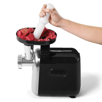 250-Watt Stainless Steel Electric Meat Grinder, Black, 2.2 lbs, with reverse function, Includes sausage and kebbe attachments