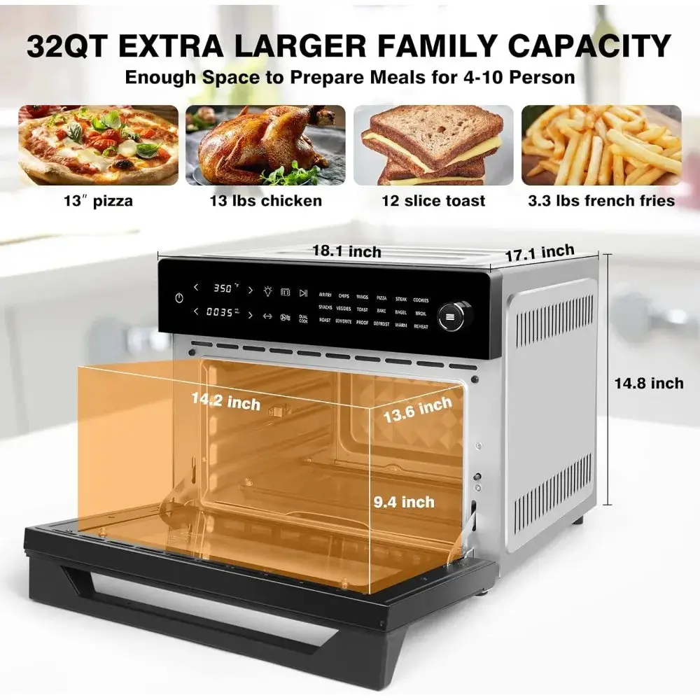 32QT Air Fryer Oven Toaster Oven Combo with Rotisserie 18-in-1 Convection Oven Countertop Digital Airfryer, 1800W