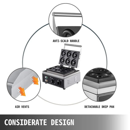 Commercial Waffle Donut Machine 6 Holes Double-Sided Heating 50-300℃, Electric, 1550W, Non-stick Donut Maker Teflon-Coating