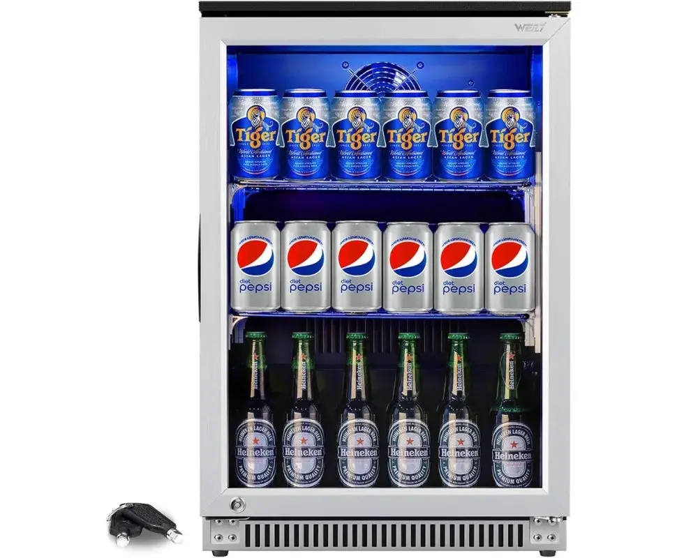 120 Can Mini Fridge with Glass Door, 20 Inch Beverage Fridge with Lock & LED Light, Auto Defrost, 36-50°F Freestanding Cooler