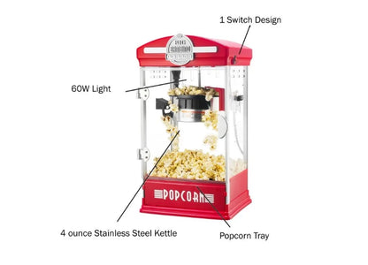 Popcorn Machine - Old Fashioned Popcorn Maker with 4-Ounce Kettle, Measuring Cups, Scoop and Serving Cups (Red)