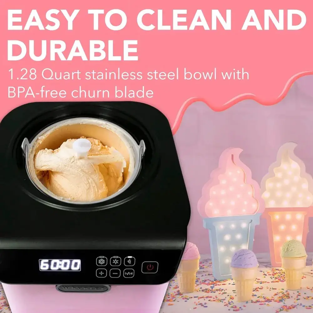 Upright Automatic Ice Cream Maker 1.28 Quart Capacity with Built-in Compressor, no pre-freezing, LCD Digital Display, Timer