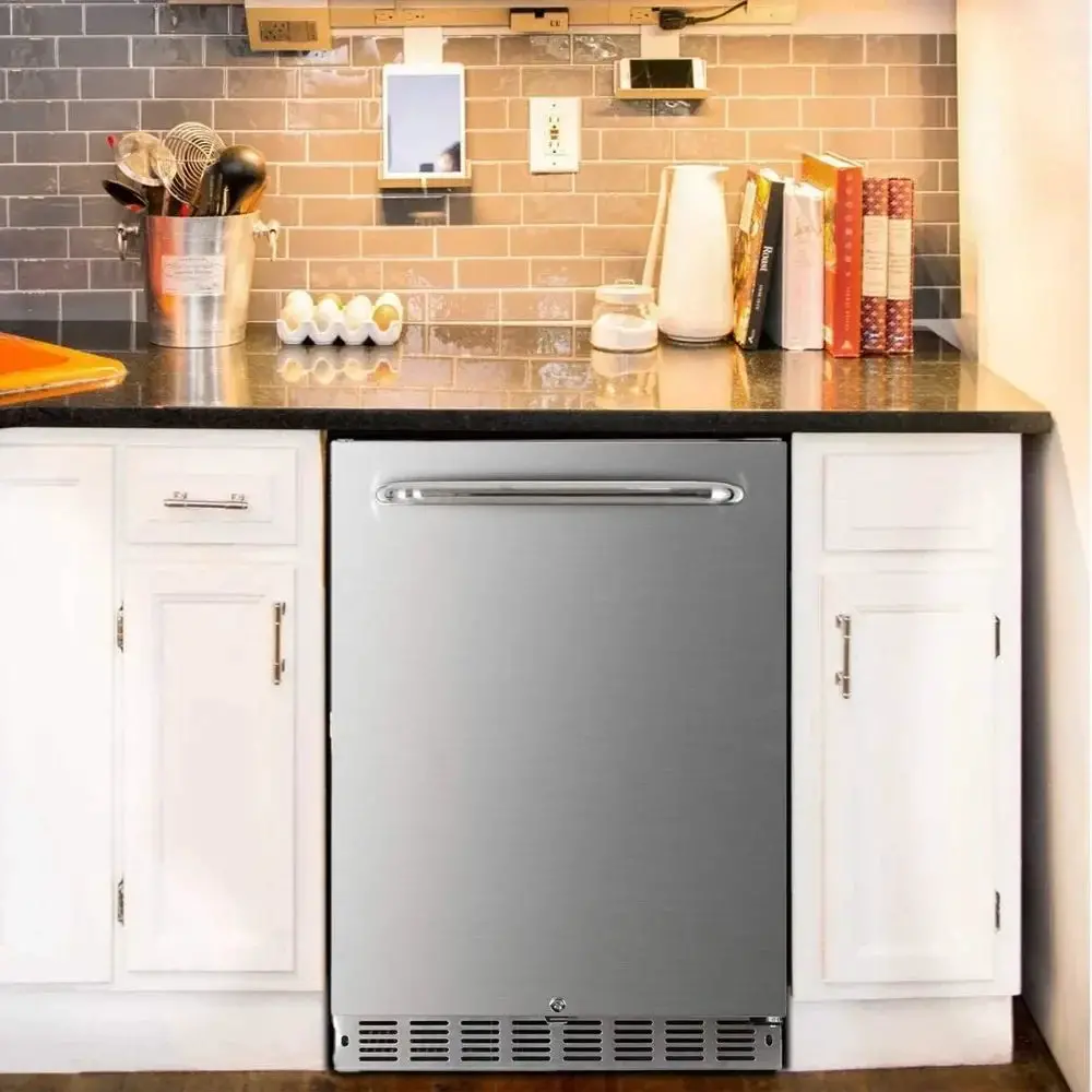 24 inch countertop refrigerator, weather resistant outdoor, stainless steel body, with reversible doors, lockable design