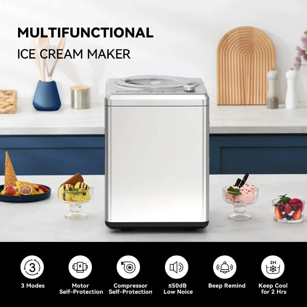 2.5L Automatic Ice Cream Maker Machine with Built-in Compressor - No Pre-Freezing, 3 Modes, LCD Display, Timer,8 Hours Keep Cool