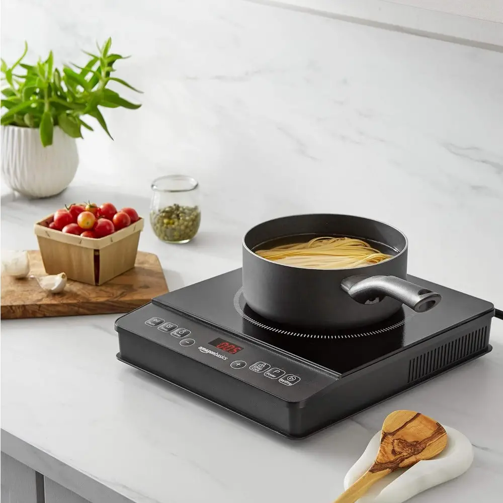 1800W Portable Induction Cooktop Burner, LED display with cooking function controls, Glass panel stovetop, medium, Black