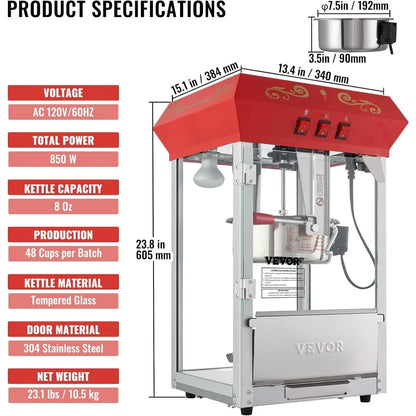 Commercial Popcorn Machine, 8 Oz Kettle, 850 W Countertop Popcorn Maker, with 3-Switch Control Steel Frame Tempered Glass Doors