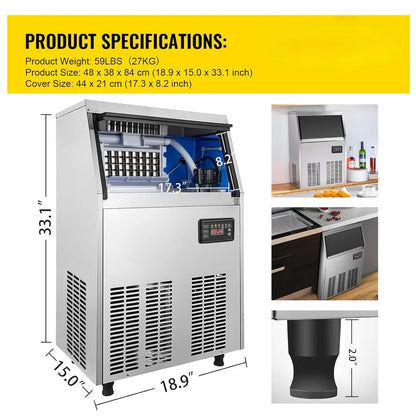 Commercial Ice Maker with 33LBS Bin, Stainless-Steel Construction, Automatic Operation, Include Water Filter, Connection Hose