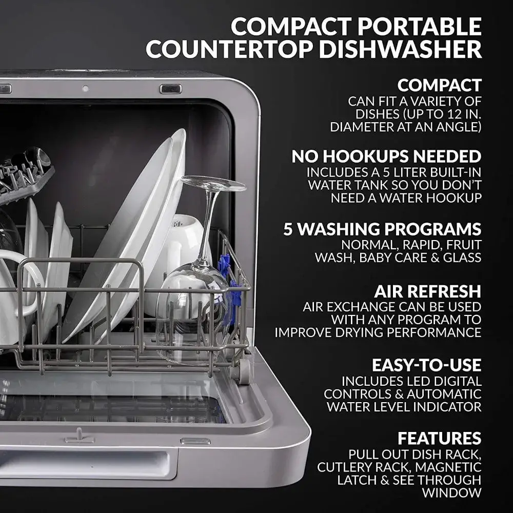 Portable Countertop Dishwasher with 5-Liter Built-in Water Tank, 5-Program System - Wash Dishes, Glass, Fruit, and Baby Products