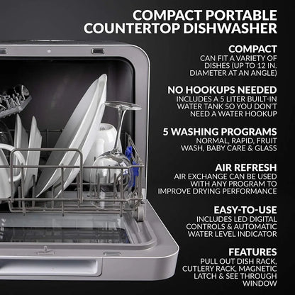 Portable Countertop Dishwasher with 5-Liter Built-in Water Tank, 5-Program System - Wash Dishes, Glass, Fruit, and Baby Products